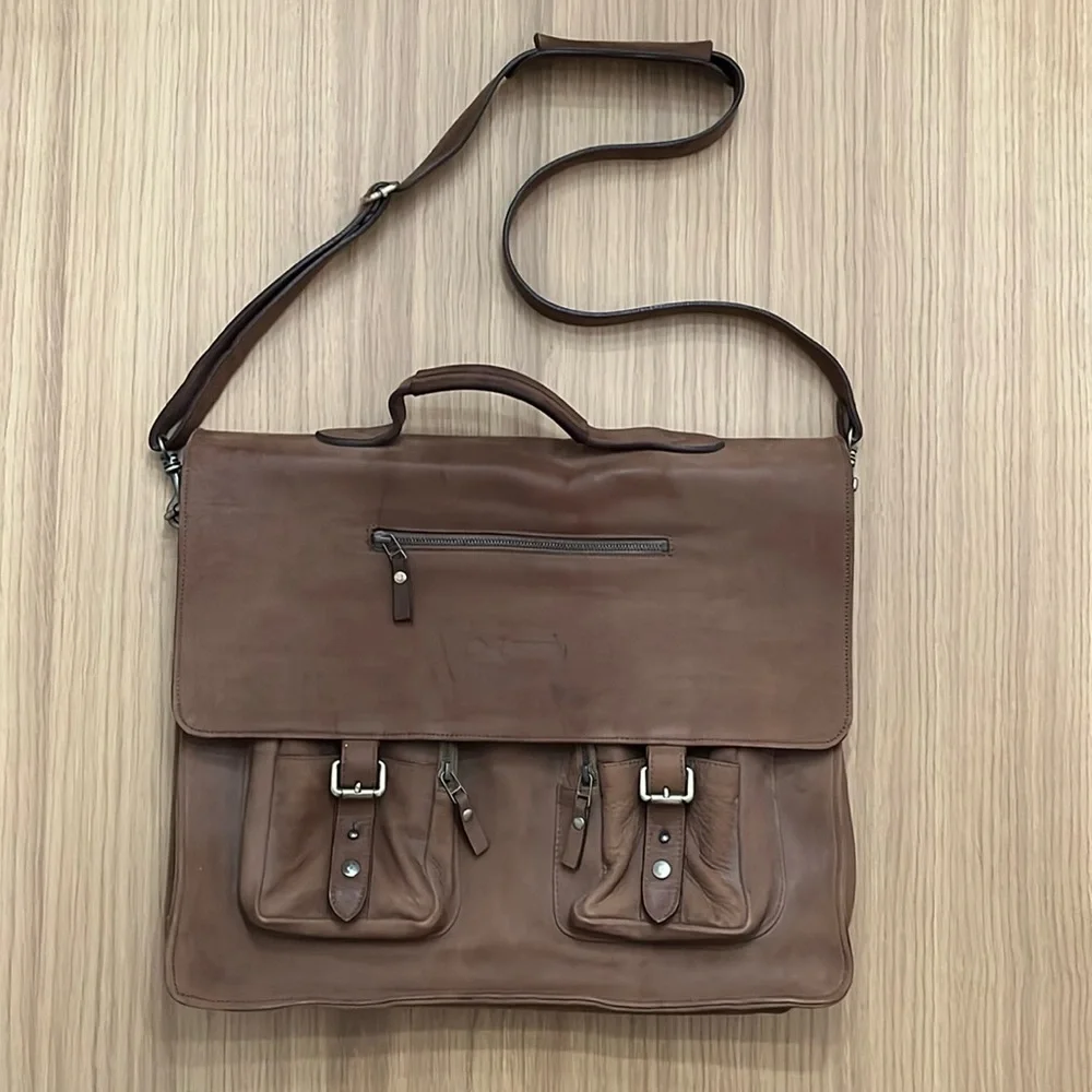 Kanzek, Men’s Tan Leather multi pockets messenger bag